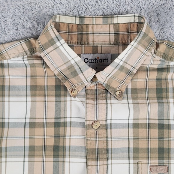 Carhartt Shirt Mens Large Brown Green Plaid Short Sleeve Button Down Workwear - Picture 4 of 16